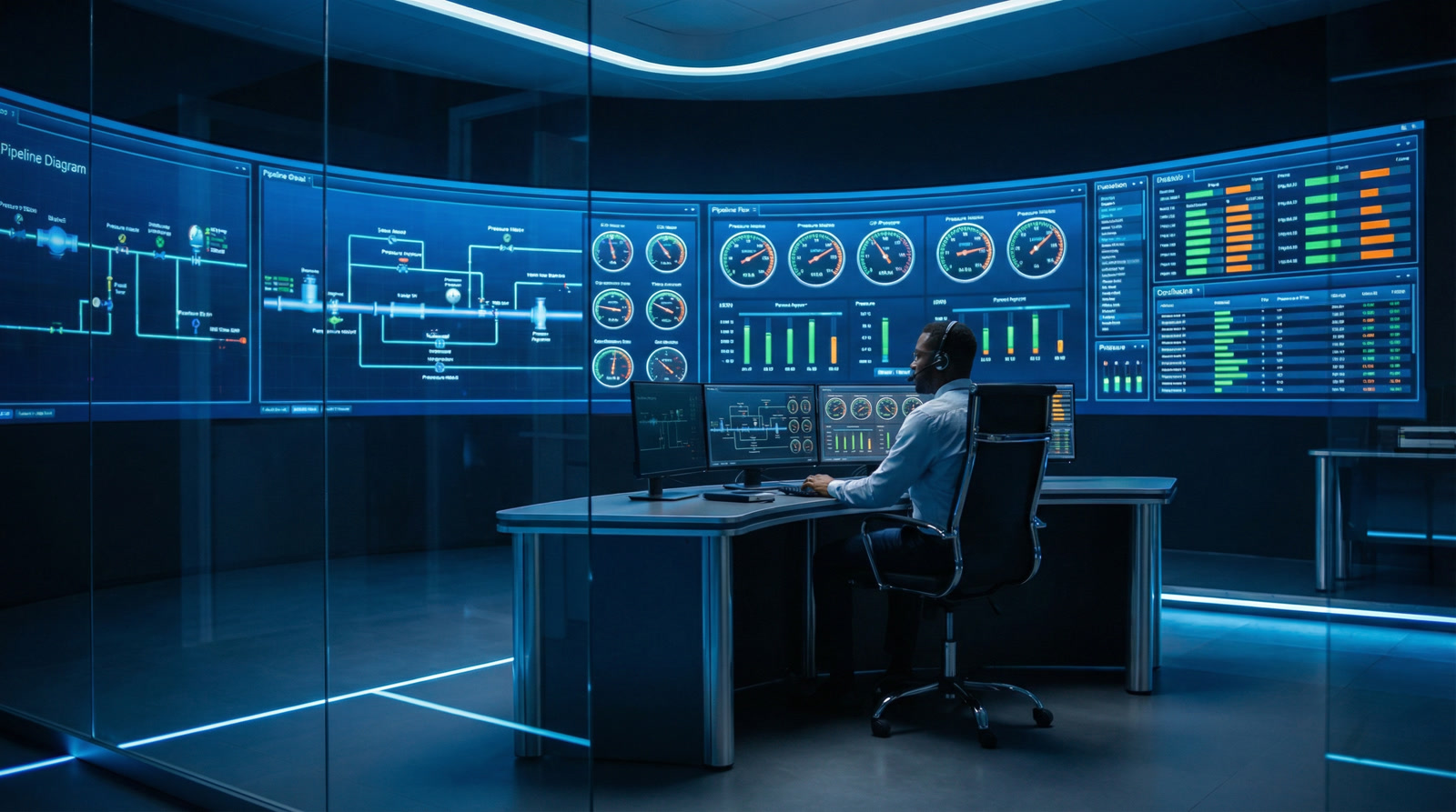 SCADA control room with engineers monitoring pipeline systems on multiple display screens