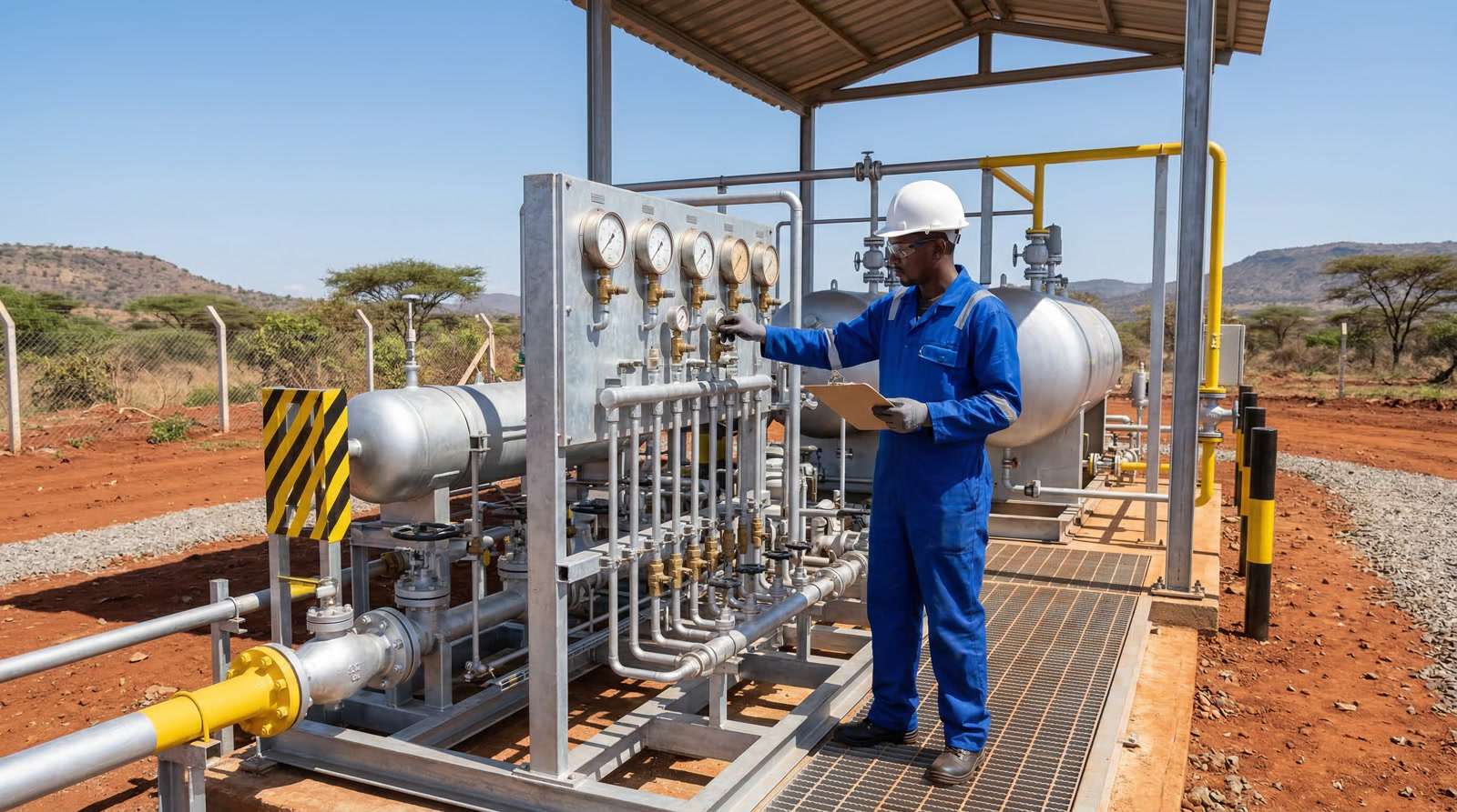 Modular CNG station with a technician inspecting pressure gauges and distribution equipment