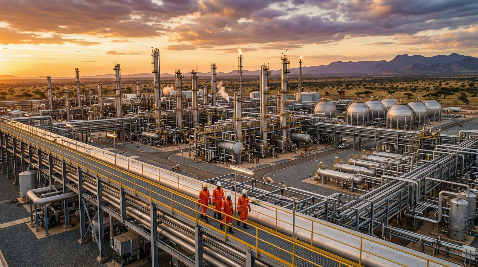 Large-scale natural gas processing facility with LNG towers and pipeline corridors, workers in PPE walking along infrastructure against the Tanzanian savanna at sunset