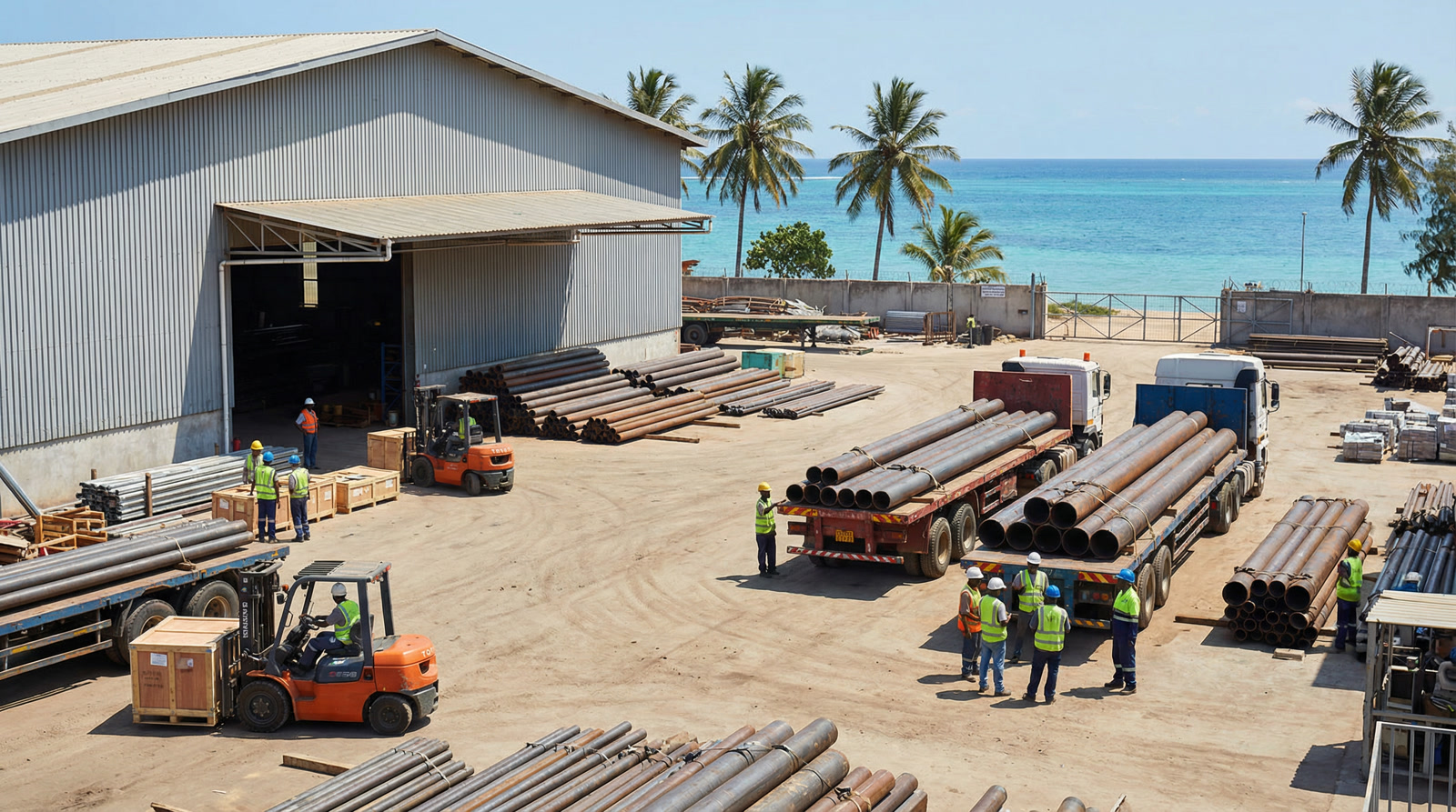 Coastal warehouse facility with pipe transport trucks, Indian Ocean visible in the background