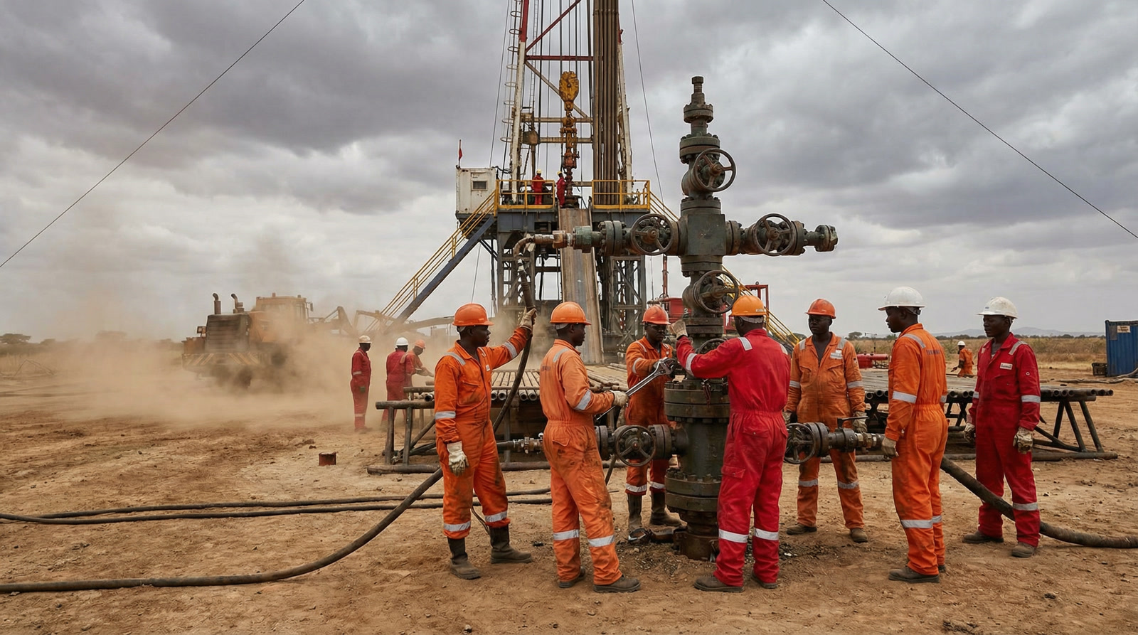 Drilling rig with African crew members working at the wellhead in a gas field