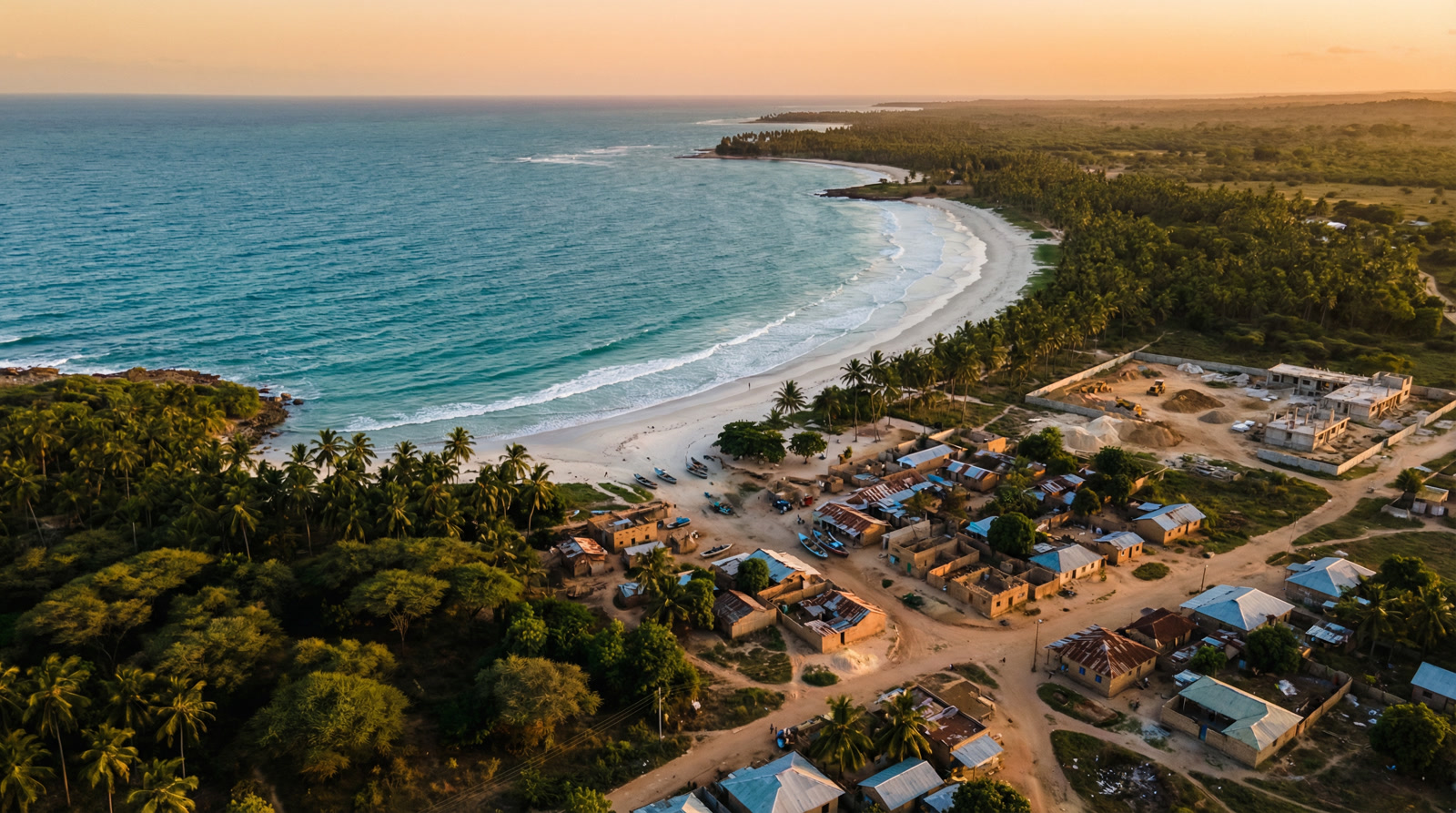 Aerial view of the Tanzanian coastline near Lindi region, showing the Indian Ocean and lush green terrain