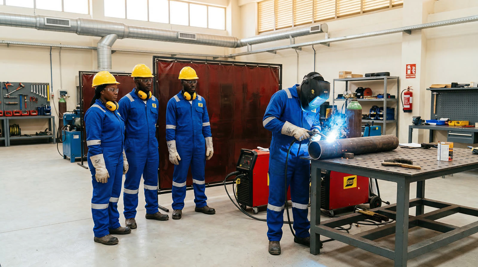 Training facility showing Tanzanian workers in PPE practicing pipeline welding techniques